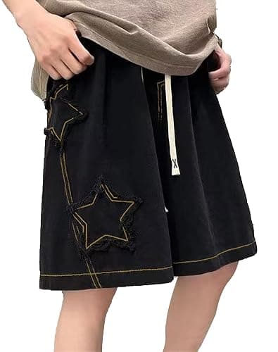 Sunidol Women's Y2K Star Denim Shorts Elastic Waist Summer Casual Loose Straight Baggy Jeans Shorts Jorts with Pockets thumbnail 2