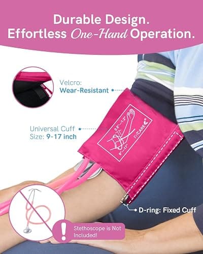 FriCARE Manual Blood Pressure Cuff for Nursing Students, FSA/HSA Eligible, Aneroid Sphygmomanometer for BP Monitoring, Home & Medical School Essentials with Carrying Case, Universal Adult Size, Pink thumbnail 3