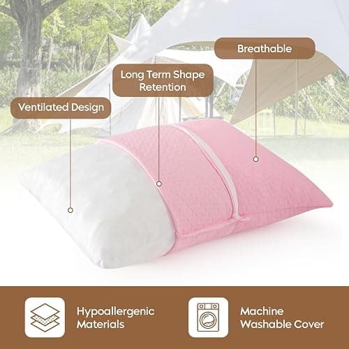 PEUJEW Small Shredded Memory Foam Pillow, Camping Pillow Travel Pillow - Compressible Medium Firm, Breathable Cover, Ideal Backpacking Hiking, Airplane and Car (Apricot Pink, M) thumbnail 2