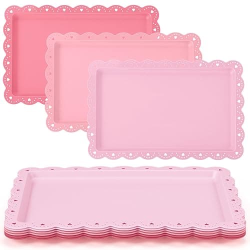 Acellegic 6 Pcs Pink Serving Trays Plastic Platters Dessert Cupcake Holder Party Supplies 14.4 x 9.3 Inches Rectangular Cookie Snack Display Tray for Wedding Restaurant - Image 1