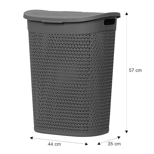 60L Laundry Basket with Lid - Large Plastic Washing Basket with Handles - Heavy-Duty Rattan Laundry Bin Hamper Clothes Storage Organiser for Bedroom & Bathroom - Grey, 60 Litre thumbnail 3