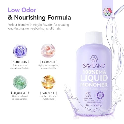 SAVILAND Monomer Acrylic Nail Liquid: 6.76 Oz Professional EMA Acrylic Liquid Monomer with Size 8,10,14 Brushes for Beginners DIY Nail Art Extension & 3D Sculpting Non-Yellowing MMA-Free thumbnail 4