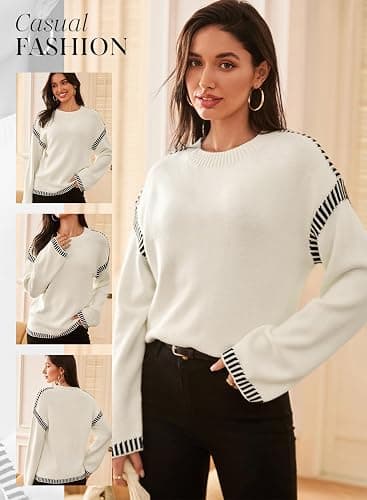 Dokotoo Sweaters for Women Fashion Solid Crewneck Loose Fit Long Sleeve Contrast Cable Knit Pullover Sweater Jumper Tops thumbnail 5