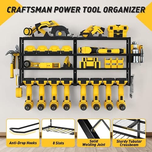 Large Power Tool Organizer Wall Mount for Fathers Dad, 4 Layers Heavy Duty Metal Garage Organization Loads 360lbs with 8 Cordless Drill Holder,Power Tool Shelf for Garage Workshop, UtilityRacks thumbnail 6