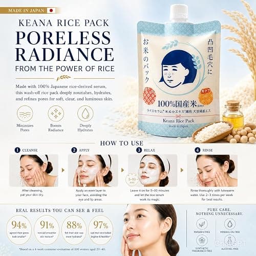 Keana Japanese Rice Face Mask – Pore Care Hydrating Wash-Off Mask with Rice Extract | Skin Smoothing & Moisturizing Facial Mask | Authentic Japanese Skincare 170g thumbnail 4