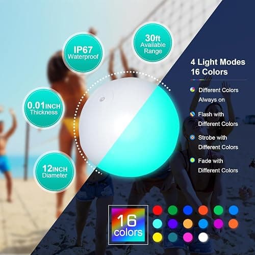 Icnice Pool Toys, LED Beach Ball, Glow in Dark Party Supplies, 4 Pack Inflatable Light up Ballon 12'' Floating Pool Light with Remote 16 Color 4 Mode thumbnail 2