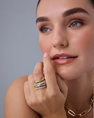 PAVOI 14K Gold Plated Interlocked Stackable Rings for Women - Statement Mixed Metals Multi Ring Stack - Cubic Zirconia Two-Toned Connected Bands Stacking Jewelry thumbnail 4