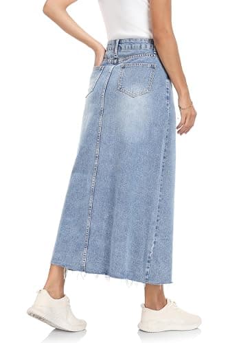 MISS MOLY Women's Jean Skirt Stretch High Waisted Frayed Raw Hem A Line Denim Midi Skirt with Pockets thumbnail 3