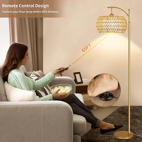 Gold Floor Lamp for Living Room with 3 Color Temperatures,Arc Boho Floor Lamps with Remote Control, Rattan Standing Lamp with Wicker Lamp Shades Dimmable Tall Floor Lamp For Bedroom Living Room Corner thumbnail 5