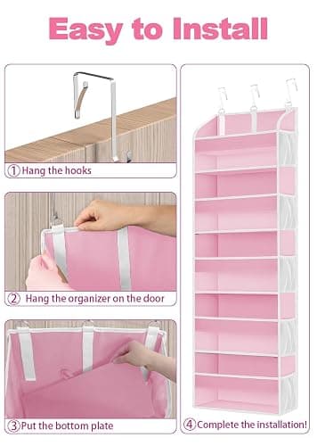 TAHAVICE Pink Over the Door Organizer - 5-Tier Hanging Storage with Clear PVC Windows & 10 Mesh Pockets, Cute Closet Organizer for Makeup, Perfume, Toys, Perfect Pink Room Decor for Girl thumbnail 7