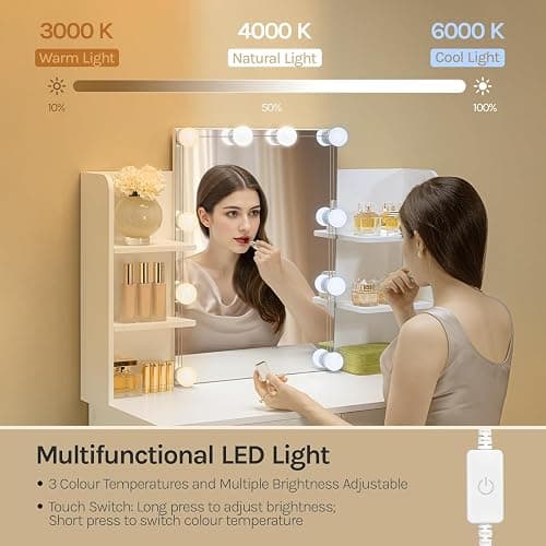 WOLTU Dressing Table, Vanity Desk, with Mirror and 10 Dimmable LED Bulbs, 2 Drawers and 4 Shelves, White Dressing Table, White, 90x40x135cm, MB6096ws thumbnail 5