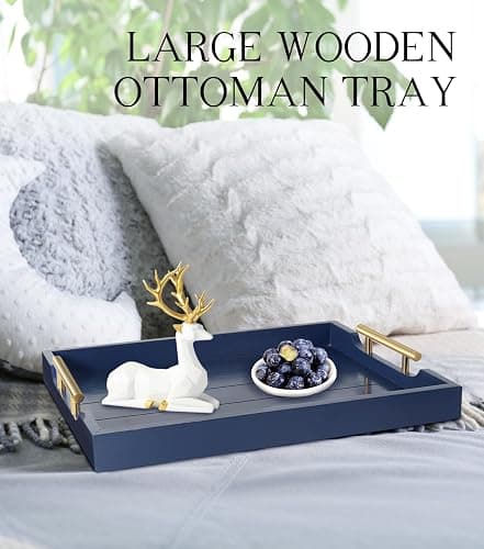SXNOWS Coffee Table Tray - Large Ottoman Tray for Living Room - Wood Serving Tray with Handles(2 Sets) - Wooden Trays for Coffee Tables, 4 Round Coasters Included, Deep Blue thumbnail 8