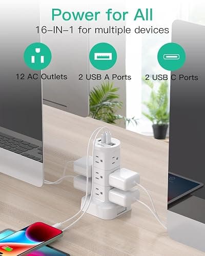 Power Strips with Surge Protection, Flat Plug Power Strip with 12 Outlets 4 USB Ports, Charging Station Tower 1875W/15A 1080J 6Ft Extension Cord with Multiple Outlets, Office Supplies, Dorm Essentials thumbnail 7