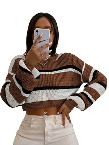 ZAFUL Women's Color Block Striped Sweater Crew Neck Lantern Sleeve Cropped Sweaters Casual Loose Knitted Tops - Image 1