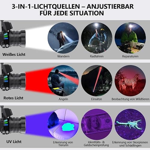 ET Stirnlampe Led Wiederaufladbar mit Weißem/Rotlicht/UV Licht/Schwarzlicht, Extrem Hell Kopflampe mit Batteriebetrieb, 16 Modi, Stirnlampe Wasserdicht für Schutzhelme, Jagd, Erkennung von Tierurin thumbnail 2