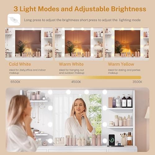 FIONESO Vanity Desk with Mirror and Lights, Makeup Vanity with 9 Drawers, 4 Shelves & 5 Jewel Hooks, White Vanity with Outlet & 3-Color Dimmable LED, Dressing Table for Women, Bedroom, White thumbnail 5