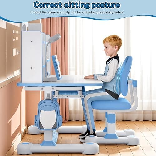 Kids Study Desk And Chair Set, Height Adjustable Children's Study Desk And Chair Set Toddler Learning Table and Stool Set with Bookshelf Storage Drawer 50-Degree Tiltable Desktop for Bedroom Blue thumbnail 5