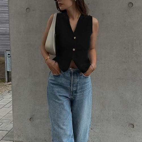 FindThy Women’s Cropped Knit Vest V Neck Button Up Solid Color Sleeveless Gilet Tank Tops thumbnail 2
