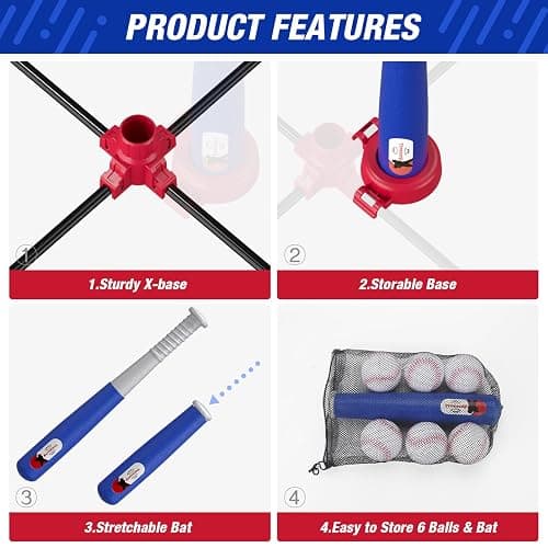 HYES 3-in-1 Baseball Set for Kids 3-5 - Tee Ball Stand, Hanging Tee, Ball Launcher and 6 Softballs - Adjustable Height, Indoor/Outdoor Sport Gifts for Boys Girls, Blue thumbnail 9