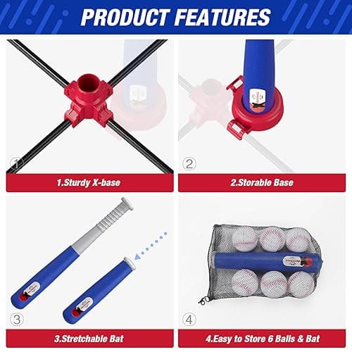 HYES 3-in-1 Baseball Set for Kids 3-5 - Tee Ball Stand, Hanging Tee, Ball Launcher and 6 Softballs - Adjustable Height, Indoor/Outdoor Sport Gifts for Boys, Blue - 3in1-blue thumbnail 9