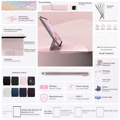 typecase Keyboard Case for iPad Air 13(M3 2025 / M2 2024) and iPad Pro 12.9 (6th, 5th, 4th, 3rd Gen),Magic Keyboard, Magnetic Keyboard Case with Multi-Touch Trackpad,11 Colors Backlight,Light Pink thumbnail 6