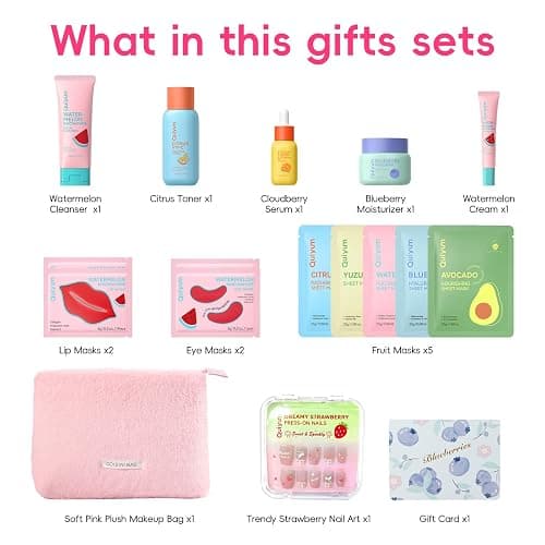 QUIYUM Fruit Skincare Set -with Pink Plush Makeup Bag & Strawberry Nail Art | Hydrate Moisturize Glow Oil Control Facial Care, Spa-Like at Home, Perfect Teen Girl Gifts Trendy Stuff, Birthday Gift thumbnail 7