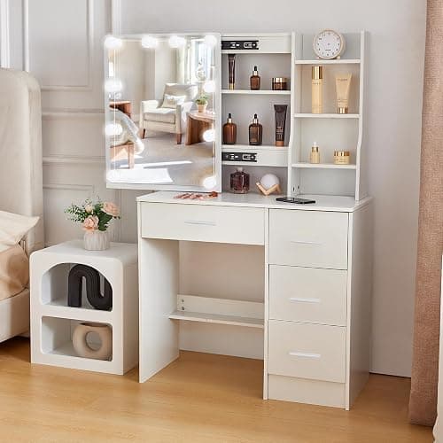 Teousev Vanity Desk with Lighting and Mirror,Small Vanity with 4 Drawers 6 Storage Shelves 3 Lighting Colors for Gilrs Vanity,White,31.5" L*14.2" W*51.2" H - Image 1