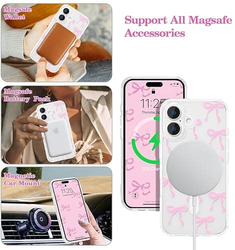 UEEBAI Magnetic for iPhone 16 Case, Bow Case Compatible with MagSafe, Wireless Slim Clear Ribbon Aesthetic Phone Cover Anti-Yellowing Shockproof Protective Cover for Women Girl - Pink thumbnail 2