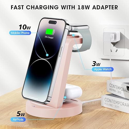 Anlmz 3 in 1 Charging Station for iPhone, Wireless Charger for iPhone 17 16e 16 15 14 13 12 11 X Pro Max & Apple Watch - Charging Stand Dock for AirPods (Pink) thumbnail 4