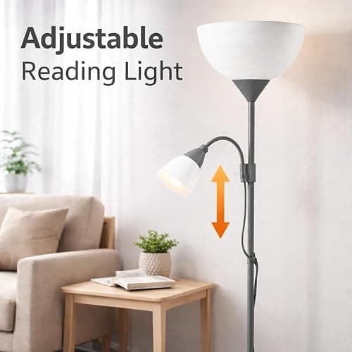 BURAKH Adjustable High Brightness Floor Lamp with 2 Reading Lights for Living Rooms, Bedrooms – Replace Halogen Standing Lamps with Efficient LED Office Lighting - Tall Pole (Grey) thumbnail 3