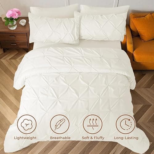Sasttie Queen Comforter Set, 7-Piece Bed in a Bag, Pintuck Bedding Sets for All Season, Includes Comforter, Flat Sheet, Fitted Sheet, Pillowcases and Pillowshams, Ivory thumbnail 2