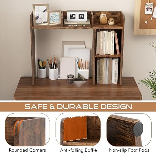 Tangkula Desktop Bookshelf, Countertop Storage Hutch with 5 Shelves for Computer Desk, 3-Tier Display Rack, Multipurpose Wood Desktop Hutch Storage Organizer for Dorm Office, Brown thumbnail 6