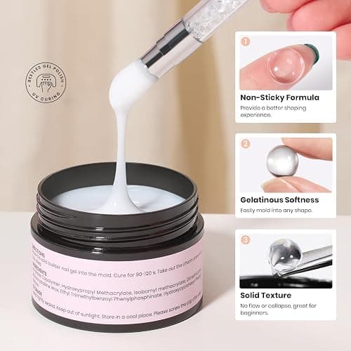 Beetles 3D Gel Nail Art-Snowy Cone 5 in 1 Non-Sticky Hand Extension with Rhinestones & Pearls & Glue Double-Head Pen for Women DIY Salon,White Solid Builder Nail Gel, UV&LED Lamp Cured Needed thumbnail 3