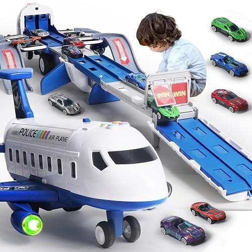 Airplane Toy Race Track Kids Toys, Foldable 4 Layer Toddler Car Track Playset, Toy Plane Transport Car Carrier & 6 Race Cars, Toddlers Toys Birthday Xmas Gifts for Age 3 4 5 6+ Years Old Boys Girls - Image 1