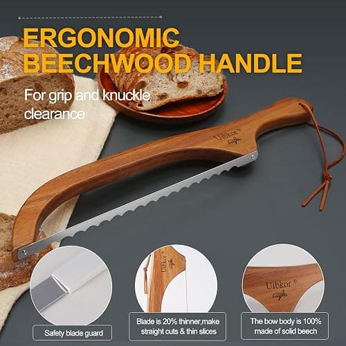 Uibkor Wooden Bread Bow Knife, 16" Serrated Sourdough Cutter, Premium Stainless Steel Serrated Saw Bread Cutter, Bagel Slicer Knife for Homemade Bread, Bagels, Baguettes and More, Sourdough knife thumbnail 6