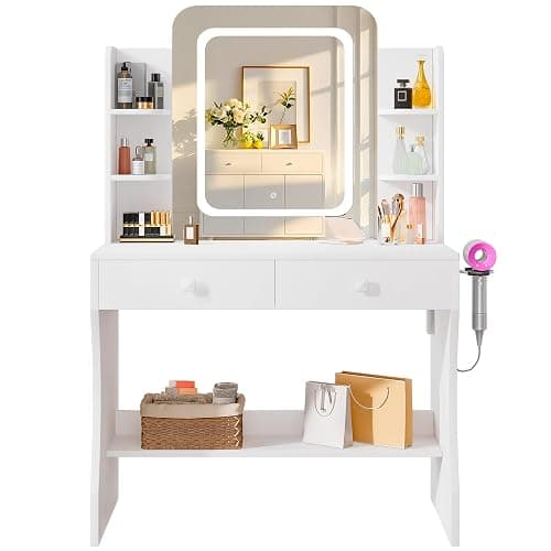 LIVELYGLOW Small Makeup Vanity Desk with Smart LED Mirror & Power Outlet, 29.5" White Vanity Table with Hairdryer Rack, 5 Storage Shelves & 2 Drawers, Compact Dressing Table for Small Spaces thumbnail 3