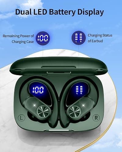 PocBuds Bluetooth Headphones Wireless Earbuds 80hrs Playtime Wireless Charging Case Digital Display Sports Ear Buds with Earhook Deep Bass IPX7 Waterproof Over-Ear Earphones for TV Phone Laptop Olive thumbnail 3