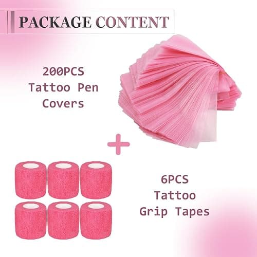 SOTICA 206PCS Tattoo Machine Covers with Grip Tape Pink Tattoo Supplies | 200PCS Pink Tattoo Pen Covers 2.56×7.1" Machine Wraps and 6PCS Pink Self-Adhesive Bandage for Tattoo Supplies thumbnail 2