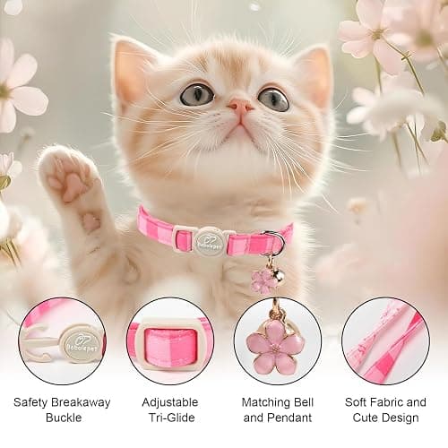 Babole Pet 2 Pack Pink Cat Collars - Spring Summer Breakaway Cat Collar with Bell, Bow and Flower Pendant, Adjustable Kitten Collars for Girl Cats, Cute Pink Plaid &Bow thumbnail 3