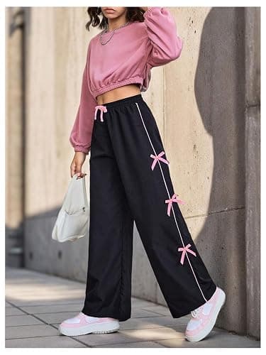 WDIRARA Girl's Bow Side Waist Track Pants Cute Wide Leg Trousers thumbnail 5