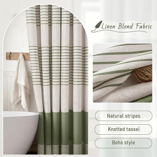 XOGUIBO Sage Green Shower Curtain Boho Linen Striped Shower Curtains for Bathroom with Tassel 72 X 72 thumbnail 2