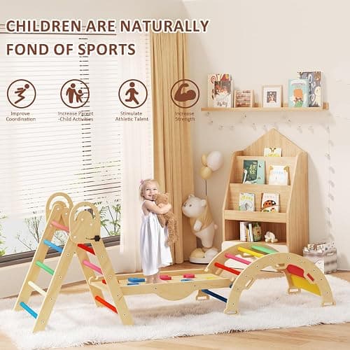 ElegantCrafts Pikler Triangle Set with Cushion, Montessori Climbing Set, Indoor Climb Toys, Indoor Playground Jungle Gyms, 9 Combinations Climbing Toy Set for Toddler, Baby, Kids 1-4 thumbnail 3