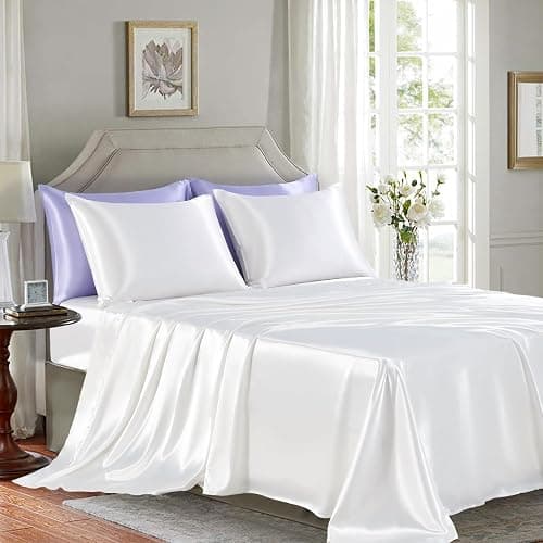 GOLAL Satin Sheets Queen Size - 4 Pieces Luxury Silky Soft Bed Sheets, Wrinkle-Free White Satin Silk Sheet Set with 1 Deep Pocket Fitted Sheet, 1 Flat Sheet, 2 Pillow Cases thumbnail 3