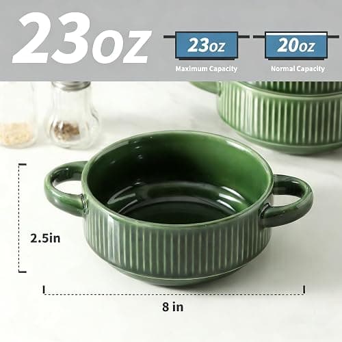 Howise Soup Bowls with Handles, 23 oz French Onion Soup Crocks, Stackable Soup Bowl Oven Safe for Chili, Beef Stew, Embossment Ceramic Bowl Set - 5.4 Inch, Set of 4 (Green) thumbnail 3