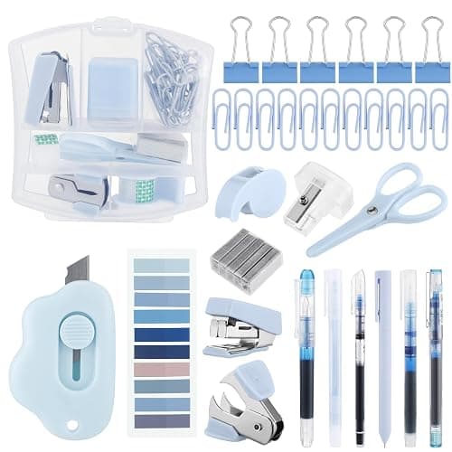 Colarr Mini Office Supply Kit Includes Stapler Tape Dispenser Staple Remover Paper Clips Scissor Staples Pen Sharpener Note Small Telescopic Knife for Office and School Clerk Student (Blue) - Image 1