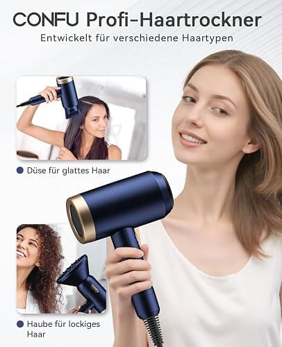 Ionen Föhn, CONFU 1800W Tragbar Reisefön, mit Stylingdüsen und Diffusorr, 3 Temperatureinstellungen und Stufenlose Geschwindigkeitsänderung, Starker Reisehaartrockner thumbnail 4