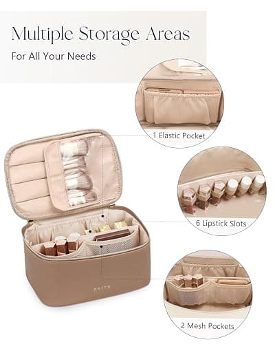 Prite Makeup Bag Portable Cosmetic Organizer with Brush Holder Waterproof Travel Toiletry Bag for Women with Handle and Divider (Brown) thumbnail 3