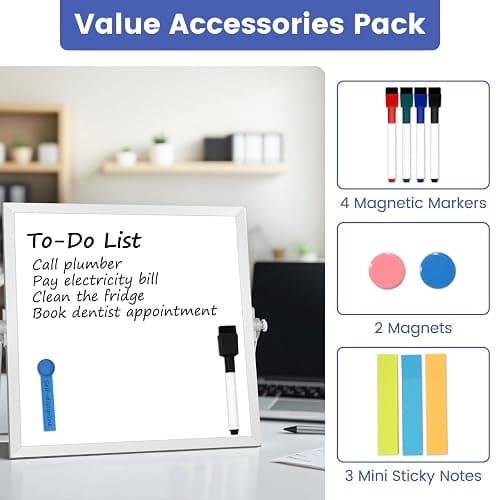 Lumspax Small Desktop White Board with Stand, 10" x 10" Double-Sided Silver Aluminium Frame Whiteboard for Kids, Mini Dry Erase Board for Home, Office, School thumbnail 4