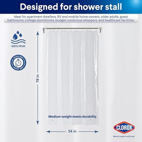 Clorox Shower Curtain Liner, Premium Medium-Weight Durable Waterproof 6g PEVA for Bathroom with Weighted Magnets, Extra Long 54" x 78", Clear 1 Pack thumbnail 2