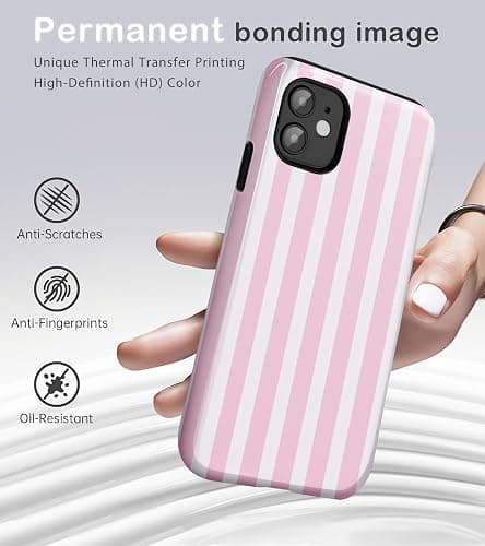 Amzfield for iPhone 11 Cute Striped Phone Case, Pink | Stripes Phone Case, Summer Aesthetic Design for Women Girls Fall Chic Girly Pretty Dual Layer Hybrid Protection Elegant thumbnail 2